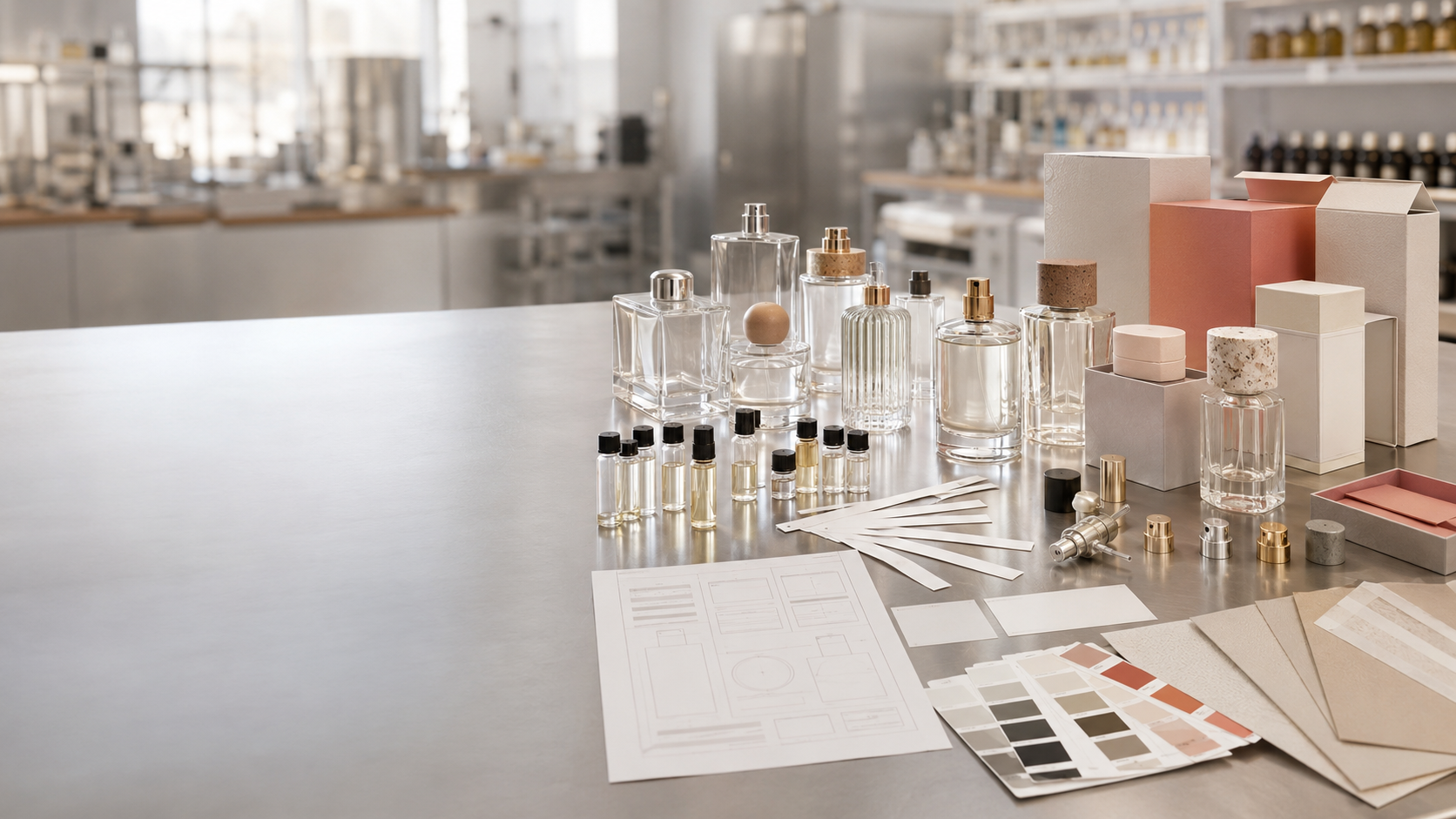 Perfume OEM and ODM project development workspace with fragrance bottles, sample vials, packaging prototypes, labels, and scent review materials