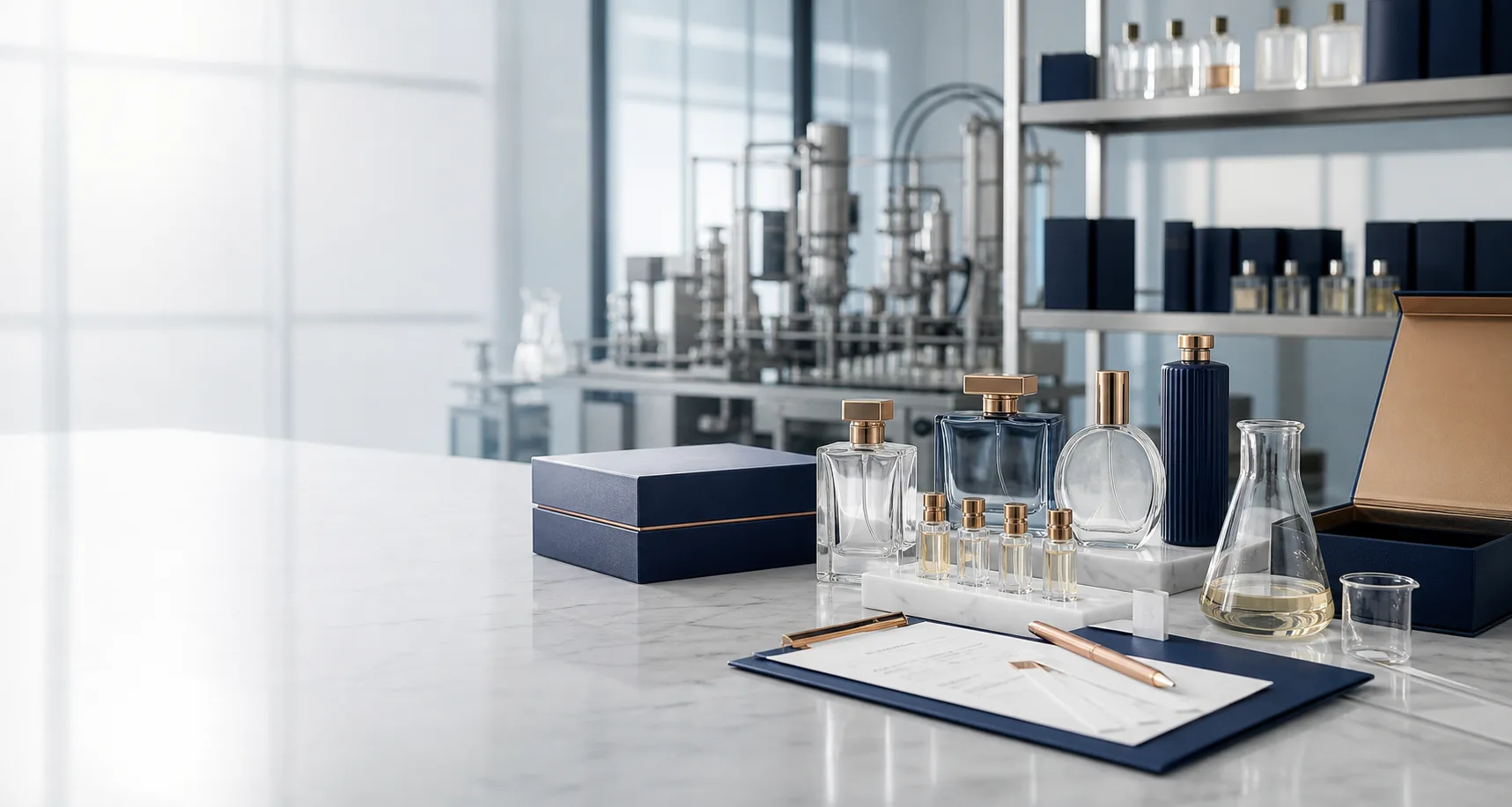 Private label fragrance bottles, sample vials, packaging, and laboratory equipment for B2B project discussion