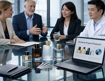 Fragrance development team discussing private label perfume projects