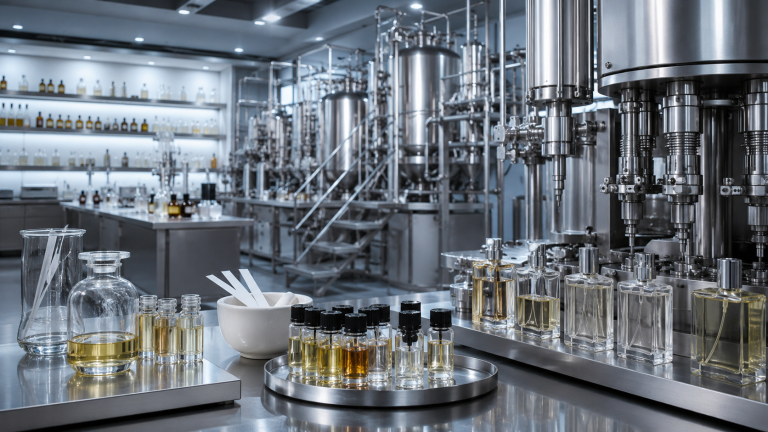 Professional perfume manufacturing facility with fragrance laboratory and production equipment
