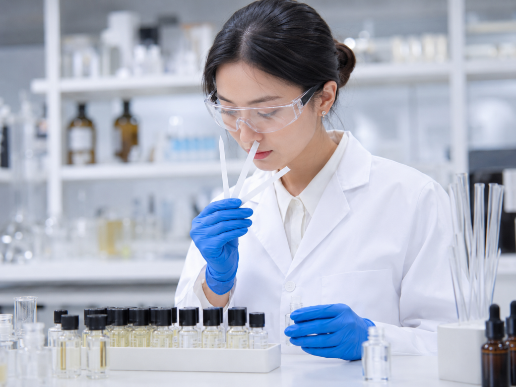 A perfumer working inside a fragrance laboratory
with sample bottles and evaluation strips.
