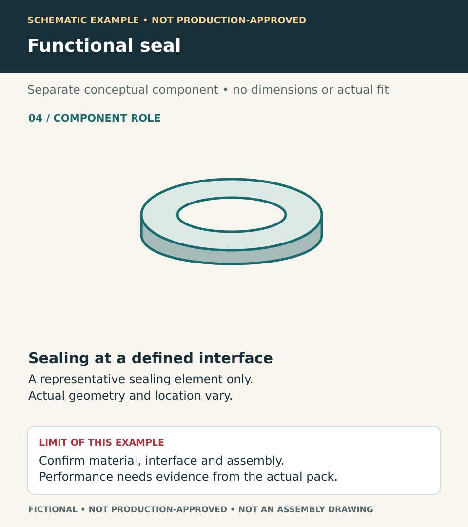 Separate fictional ring-shaped sealing element. Actual shape, material, location and performance depend on the approved assembly.