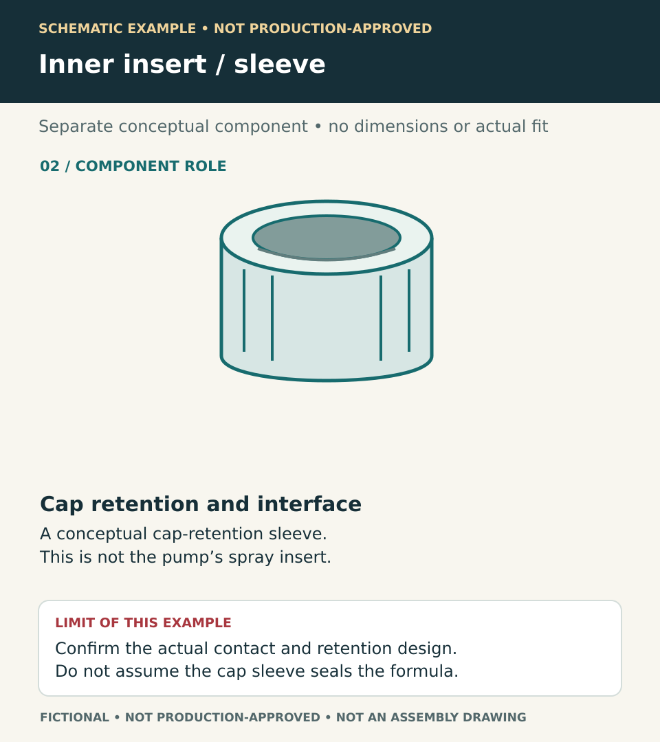 Separate fictional cap-retention insert or sleeve, distinct from a pump spray insert. Its actual contacts and any sealing role require confirmation.