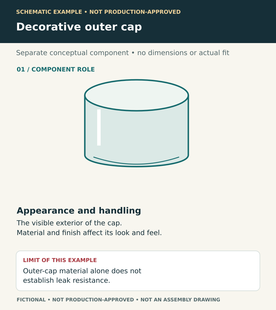 Separate fictional decorative outer-cap illustration, labeled for appearance and handling. Outer-cap material alone does not establish leak resistance.